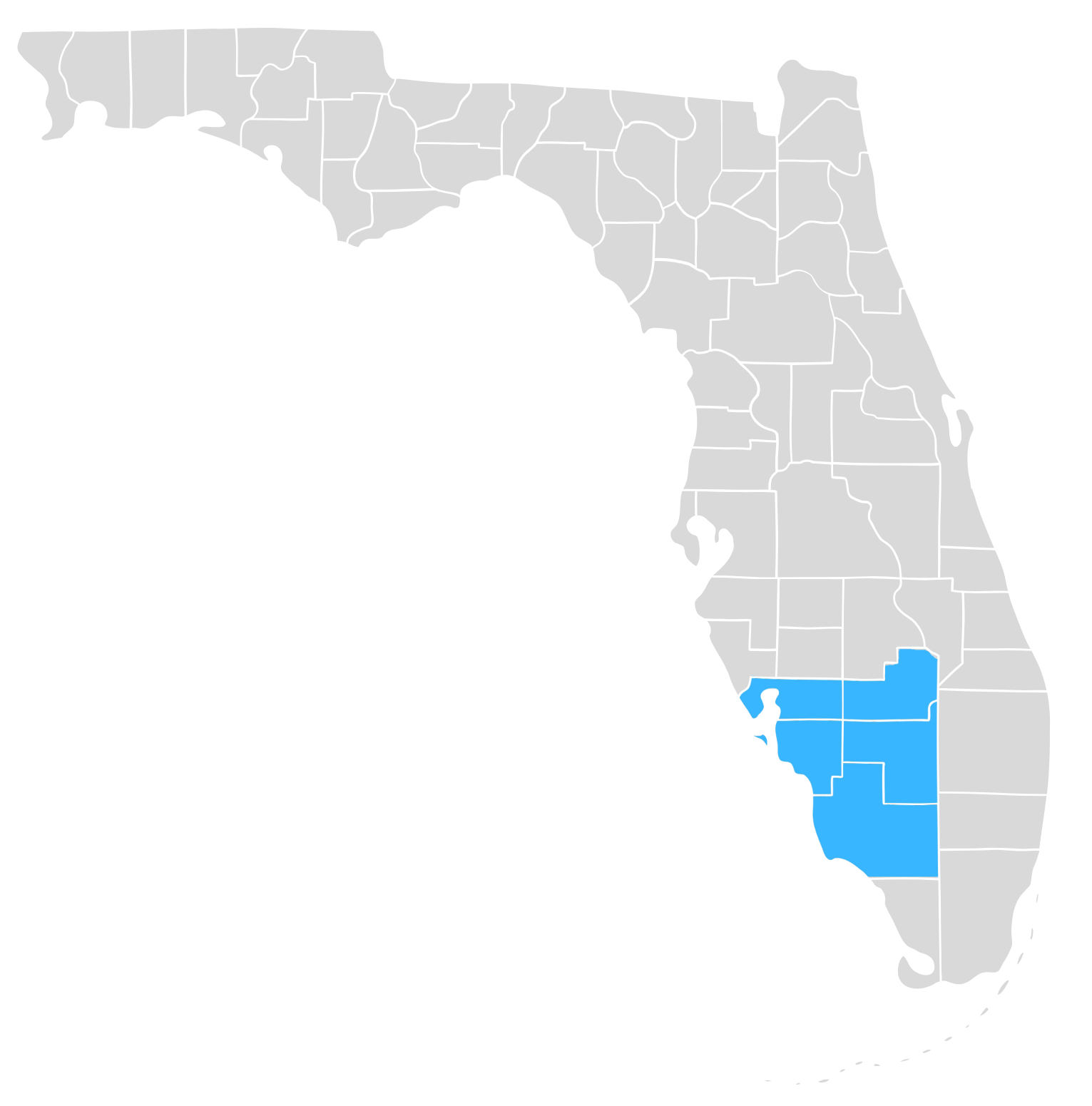 Map of Florida highlighting CCOR's service area in blue