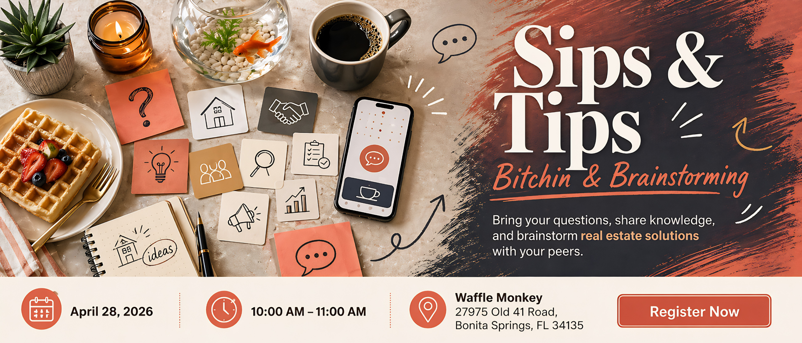 Cafe roundtable graphic with coffee, waffles, question cards, and real estate brainstorming cues.